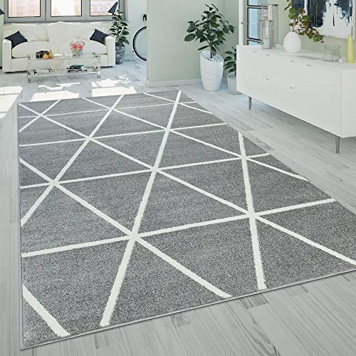 Paco Home Teppich Wohnzimmer Kurzflor Rauten Skandi Muster Modern Weich Grau Weiß, Grösse:70x140 cm