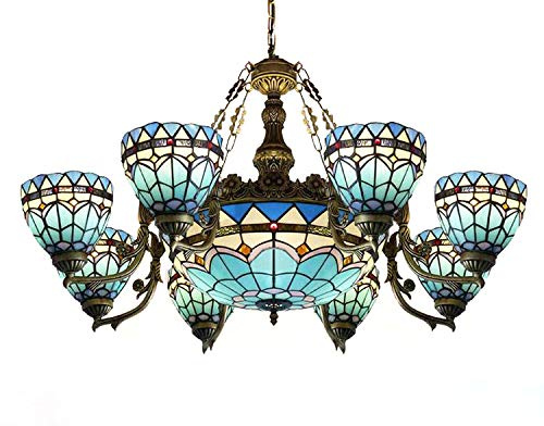 LITFAD Baroque Style Ceiling Hanging Light 37 Width Chandelier Light, Blue Stained Glass Lamp Shade 8+1 Lights Pendant Light for Living Room Bedroom Restaurant Hotel