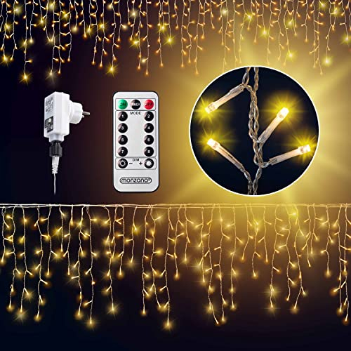 MONZANA® Lichterkette 600 LED 20m Fernbedienung 8 Leuchtmodi IP44 Innen Außen Regenlichterkette Lichtervorhang Eisregen warmweiß Weihnachtsbeleuchtung