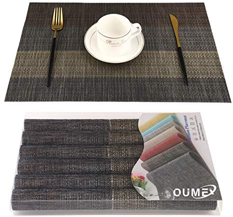 OUME Tovagliette Americana PVC Tovagliette da Tavola Non-scivolose Resistenti al Calore Tovagliette Set da 6 (Nero + Marrone)