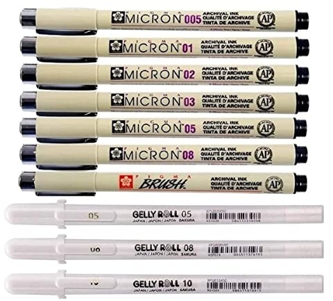 Sakura Pigma Micron 7 fineliners + Sakura Gelly Roll WEISS, 3 Stifte Bright White im Etui, MIX-Size 05/08/10