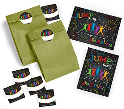 JuNa-Experten 6 Einladungskarten Kindergeburtstag Jump Trampolin Mädchen Junge incl. 6 Umschläge, 6 Tüten / grün, 6 Aufkleber
