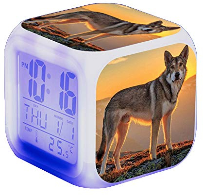 Nicole Knupfer Wolf Wecker Kinder Wecker LED Night Nachttischwecker Quadrat Beleuchteter LCD Uhr Wake Up Wecker Geschenk Muster Wolf (#17)