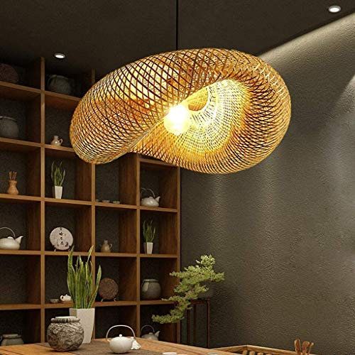 Lustre Rétro E27 Bambou Naturel Rotin Pendentif Luminaire Tissage Éclairage Lamp Bois Hauteur Réglable Suspension Rotin Bois Salle Manger Salon Chambre Cuisine Décoration Lampe Suspendue,60cm