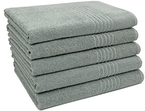 ZOLLNER 5er Set Duschtücher in 70x140 cm - saugstarke Handtücher in grau - mit praktischem Aufhänger - mit edler Streifenbordüre - waschbar bis 60°C - Baumwolle - Hotelqualität