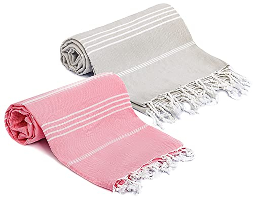 Turquoise Home - Großes türkisches Pestemal Badetuch Hamamtuch Saunatuch XXL Badetuch 100 x 180 cm Sauna Spa Yoga Strand Picnic dünn und leicht (Rosa - Grau, 2)