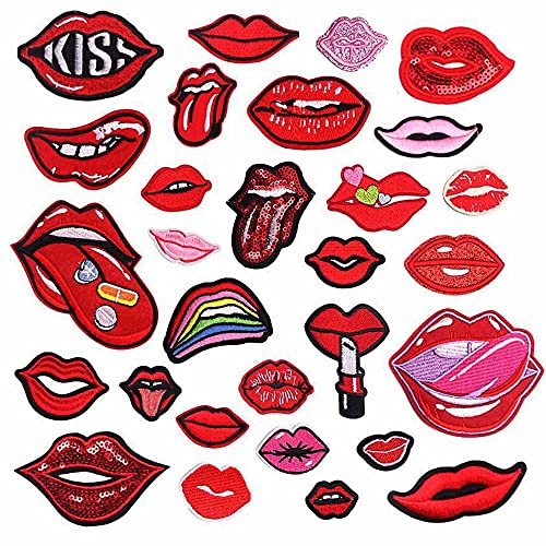 Woohome 29 Stück Flicken Patches, Mund Patches zum Aufbügeln Lippen Flicken zum Aufbügeln Patches für Kleidung Kleid Hosen Hüte Jeans, Nähen Blumen Applikation DIY Zubehör