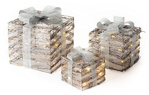 Christmas Village Xmas Gift Boxes Set of 3 Light Up Illuminated LED Decoration Parcel Present Set with Decorative Bow Embellishment and Sparkly Glitter Finish (Silver Wicker)