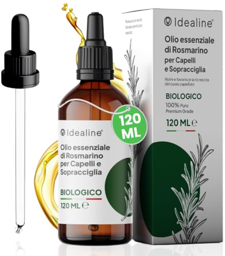 Idealine Rosmarinöl für die Augenbrauen, 120 ml, 100 % biologisch und natürlich mit Kokos- und Jojobaöl, nährt und stimuliert das Wachstum der Kopfhaut, verhindert Ausfallen, hergestellt in Italien