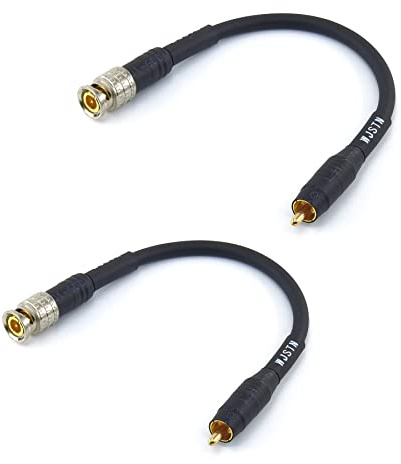 WJSTN 2x BNC Male to RCA Male Audio Cable, 6in, Black & Silver, 50 Ohm, RG6 Coaxial, Short Circuit Protection, For Surveillance Cameras