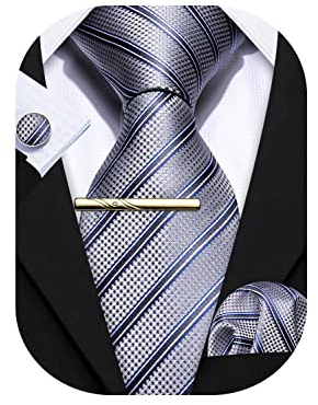 Barry.Wang Herren Seiden-Geschäftskrawatten mit Taschentuch Manschettenknopf-Streifen Plaid-Krawatten-Set Feierliche Hochzeit
