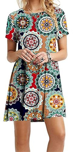 EFOFEI Damen Floral Crewneck Kleid Swing Sommerkleid Lose Einfaches Kleid Grün XL