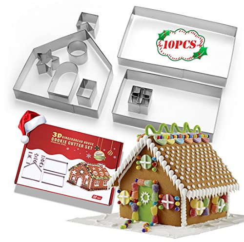 SUNCHE 10 Stück Plätzchen Ausstecher 3D, Weihnachten Lebkuchenhaus, Kekse Ausstechformen, Edelstahl Ausstecher Set, Edelstahl Weihnachten Cookie Cutter, für Torten Kekse BackenKüche Zubehör