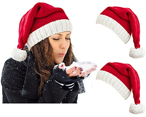 OCTEEN Weihnachtsmütze, Weihnachtsmütze, rote Strickmütze für Erwachsene, Damen, Herren, 2 x rote Weihnachtsmannmützen für Erwachsene, Erwachsene