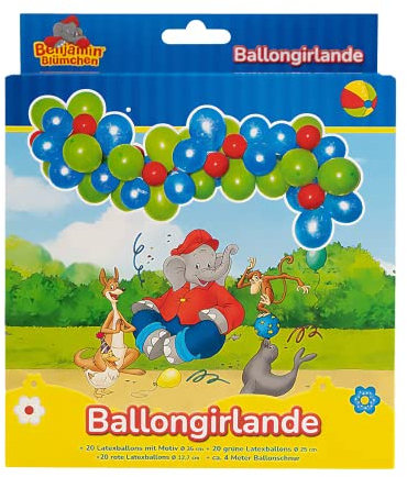 Party Factory `Benjamin Blümchen´ Ballongirlande aus 60 grünen, blauen und roten Latexballons, Ø25 und 12cm, inklusive 4m Ballonband