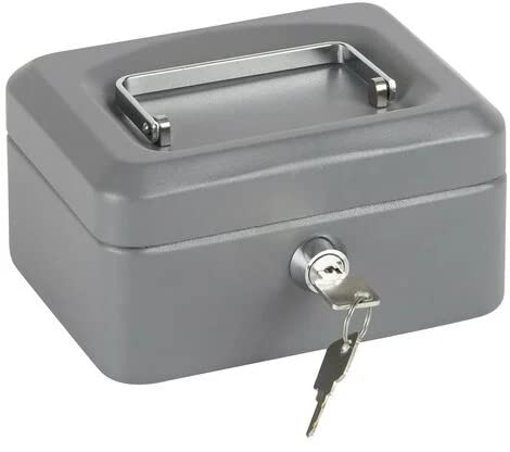Cassetta portavalori in metallo Metal Cash Box 150 x 120 x 80 mm con serratura e 2 chiavi porta denaro con cassettino (Grigia)