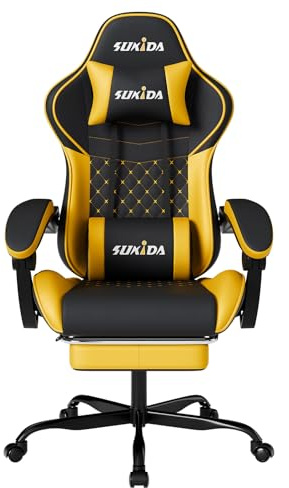 SUKIDA Chaise de jeu jaune de massage – Chaise de gamer adulte taille choix cool grandes personnes, chaise de jeu vidéo ergonomique PC avec repose-pieds, ordinateur de bureau de course inclinable