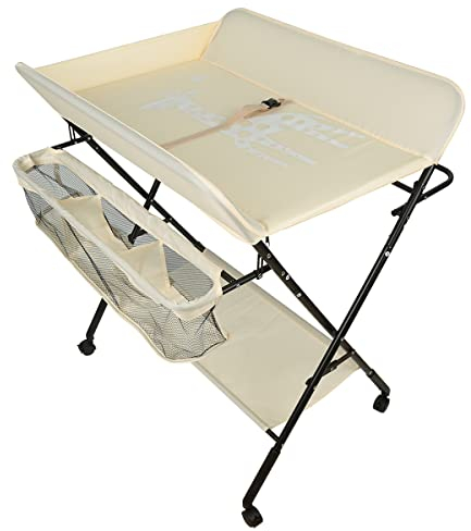 klappbarer Wickeltisch, mobiler Wickeltisch, Wickeltisch, Wickelunterlage mit Sicherheitsgurt, Wickelkombination mit Aufbewahrung, auf Rollen. (Beige)
