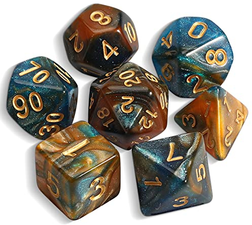 QMAY DND Dice Polyedrisches Würfel Set - 7 Stück für Dungeon und Dragons MTG RPG D&D D20, D12, D10, D%, D8, D6, D4 (Blau und Braun + Glitter)
