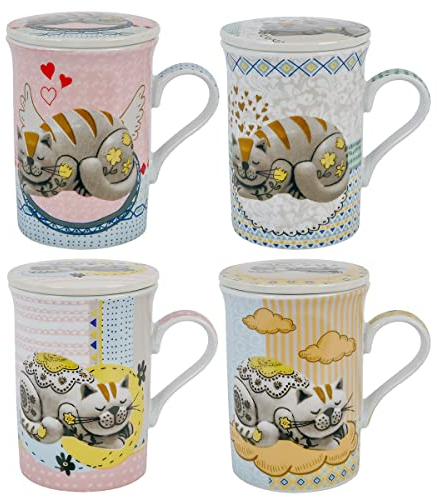 ROCKING GIFTS Tasse à thé Tisana 330 ml avec couvercle et filtre infuseur, modèle assorti (1 pièce), porcelaine chat endormi, avec boîte cadeau, 11 cm