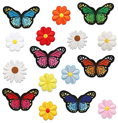 16 Stück Aufbügel-Patches: Blumen und Schmetterling Bestickte Flicken, Applikation zum Aufbügeln für Erwachsene und Kinder auf Jeans