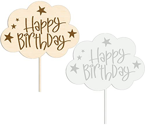 Happy Birthday Cake Topper Wolke Cupcake Kuchendeko Tortendeko zum Geburtstag Geburtstagsdeko Holz Acryl - Größe: 10-25 cm (Holz Birke Multiplex)