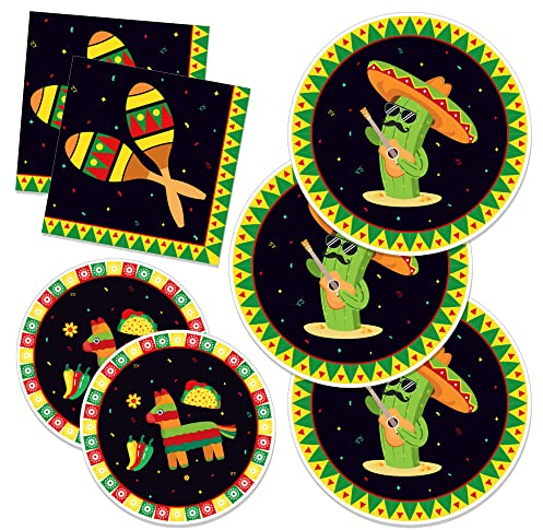 CC HOME Mexikanische Fiesta Geburtstagspappteller, Servietten, Kaktus, Einweggeschirr-Set, Partyzubehör, Taschentuch, Cinco de Mayo-Thema, Geschirr-Set, für 24 Gäste für Party-Teller, 88 Stück