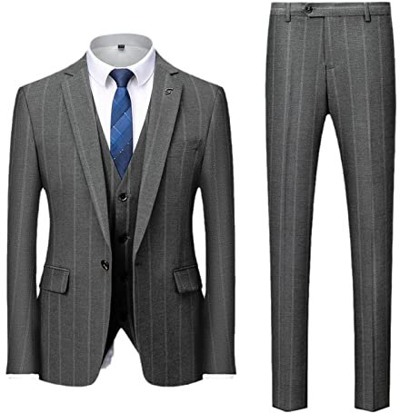 British Plaid Striped 3 Piece Suit Men's Casual Boutique Business Blazers Jacket Pants Vest Gray XXL