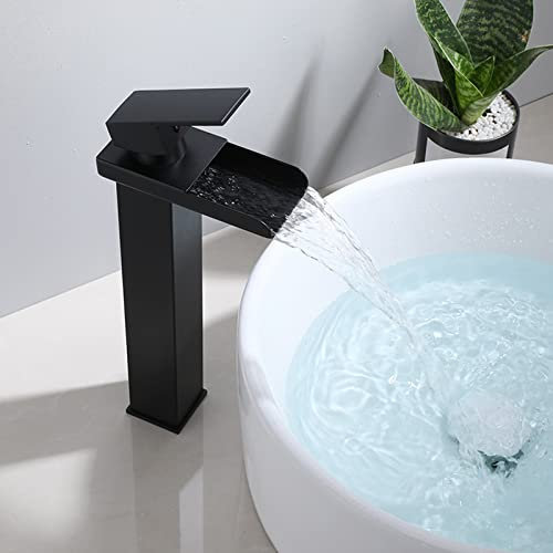 High Rise Basin Mixer Tap Black Single Hole Waterfall Tap Bathroom Hot and Cold Brass Sink Taps for Bathroom,Black A