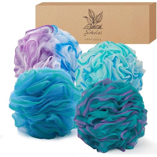 Luffa Lot de 4 éponges exfoliantes pour le corps et le bain – Éponges en luffa de qualité supérieure pour peaux sèches (bleu et violet)