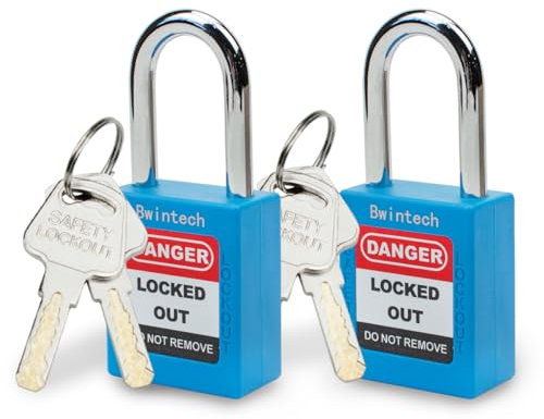 Bwintech 2 candados de seguridad azules de 38 mm con llave diferente para bloquear estaciones y dispositivos