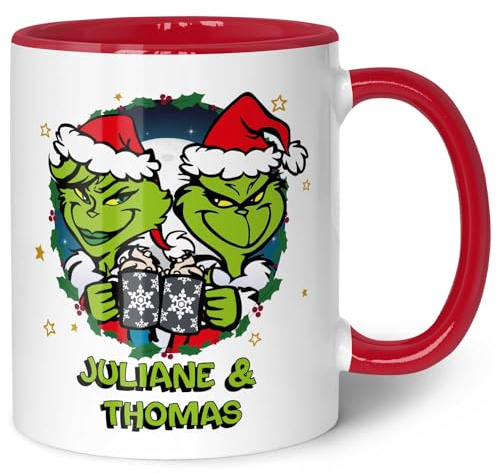 GRAVURZEILE Bedruckte Weihnachtstasse - Grinch Paar - Personalisiert mit Name - Spülmaschinenfest & Mikrowelle geeignet - Weihnachtstasse als Geschenk für Sie & Ihn zu Weihnachten - Rot