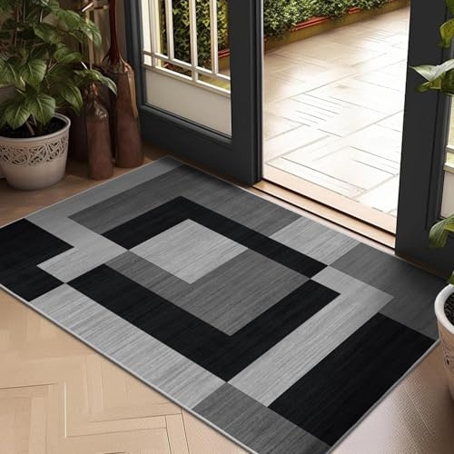 Hafaa Area Rugs Living Room - Rugs for Bedroom Modern Floor Carpet - Geometric Style Front Door Mat Indoor Durable Soft Touch Non Shedding Milo Black and Grey Small Floor Rug Easy to Clean(40 x 60Cm)