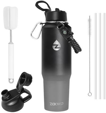 ZAKVOP Mug Isotherme 1.2L, Gourde Isotherme avec Pailles et Deux Couvercles, Gourde Inox Thermos Isotherme avec Poignée en Paracorde, Bouteille Isotherme pour Porte Gobelets, Thermos Café Sports