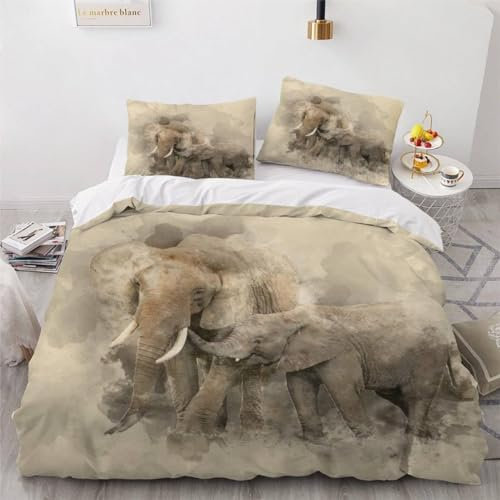 MEVASA Bettwäsche-Set für Einzelbett, Elefant, für Kinder, Mädchen, Teenager, Jungen, Einzelbett, handgezeichnet, Vintage, Elefant, flauschig, Mikrofaser, hypoallergen, Einzelbettbezug, 3-teilig, 135