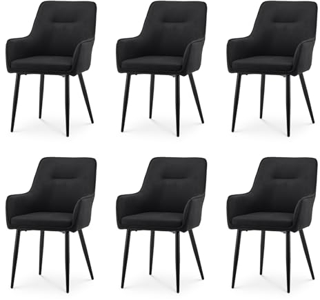 TUKAILAI Esszimmerstühle 6er Set aus Leinen, Armlehnstuhl,Küchenstuhl,Polsterstuhl mit Gepolstertes Sitz,Rückenlehne,Metallbeinen,Moderner Sessel für Wohnzimmer,Schlafzimmer,Schwarz