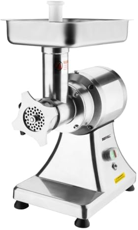 Buffalo 550W Heavy Duty Meat Mincer Size 12, Silver, Aluminium & Stainless Steel, Output: up to 130 kg/hour - Includes 6 & 8 mm Perforated Plates, Feeder Pan, Pusher & Sausage Tube - CH133