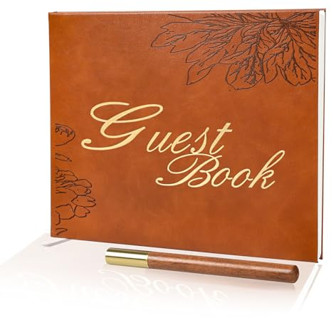 Gästebuch aus Leder, Besucher-Log, Gästebuch für Ferienhaus, Hochzeitsempfang, Beerdigung, Party, Gedenkdienst, 26,7 x 20,3 cm, geprägtes Gästebuch mit Holzmaserungsstift für Gäste