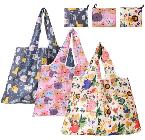 QLTYTUI 3 Stück Große Wiederverwendbare Einkaufstasche, 58x68cm Faltbare geräumige Tragetasche, für Einkauf Reise Ausflug