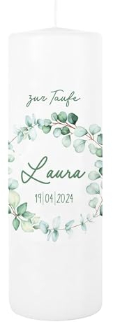 MilaBoo® personalisierte Taufkerze I 25 x 8 cm Premium Kerze beidseitig bedruckt in Farbe I Made In Germany (Eukalyptus 2)