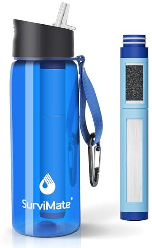 Survimate 5-Stage 0.01μm Ultra-Filtration Filtered Water Bottle, BPA-Free Material, NSF/ANSI 42&372 Certified, Portable Water Filter Bottle for Survival, Camping, Hiking, and Emergency Use