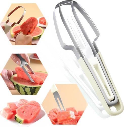 GKXLH Watermelon Cutter Slicer Tool - New 3-in-1 Stainless Steel Fruit Cutters, Watermelon Cutter Fork, Watermelon Fork Slicer, Quickly Fruit Slicers Knife for Camping Kitchen Gadgets (Beige)