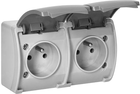 MIRATIC Double Prise Electrique 2x2P+T Prise Murale Double IP44 Prise Etanche Exterieur Version Francaise Couleurs au Choix Double Prise Exterieure Etanche (gris)