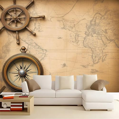 Large Wall Mural Vintage Nautical Map Printed Non Self Adhesive Wallpaper, Requires Glue Brown Multi Panel Photo Wallpaper for Living Room Bedroom Wall Decor 118 x 83/300 x 210 cm(WxH)