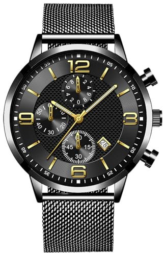 JOATVEE Analoge Quarzuhr für Herren, Sport-Chronograph, Edelstahl-Netzarmband, Wasserdicht, Automatische Datumsanzeige, Leuchtende Uhr