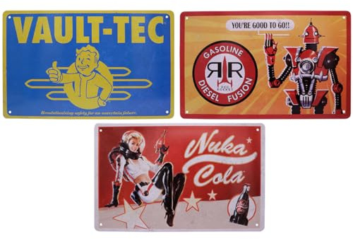 Fallout Set of 3 Tin Signs – Officially Licensed Vault-Tec, Nuka-Cola & Red Rocket Metal Wall Signs, Retro Gaming Room Decor, 280 x 175mm