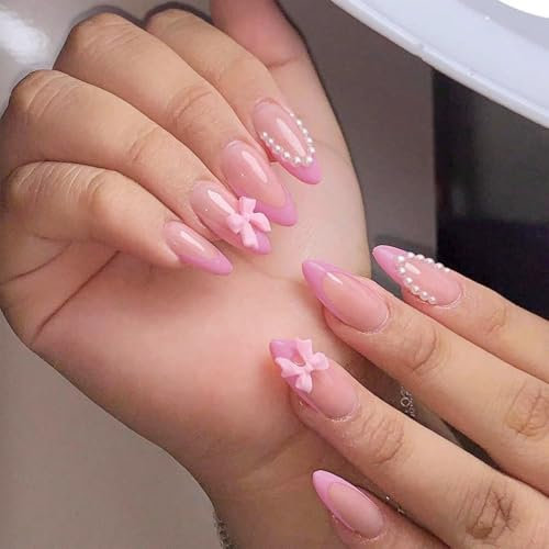 Irikdescia Lot de 24 faux ongles à coller, press-on nails de taille moyenne, couleur nude avec perles et nœuds, manucure française en amande, violet