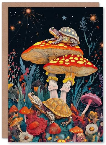 Artery8 Greeting Card Turtle Toads Colourful Psychedelic Magic Mushroom Blank For Him Or Her Art Birthday Card
