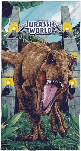 Jurassic World Kinder Badetuch T-Rex 60 x 120 cm, 100% Baumwolle in Velours-Qualität - Dinosaurier Park, Dinos - Ideal als Strandtuch, Handtuch, Duschtuch oder Badelaken passend zur Bettwäsche