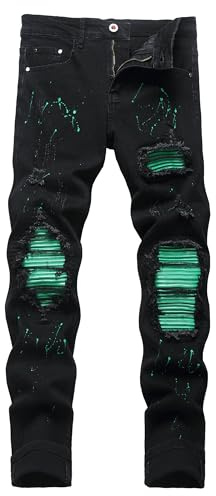 OIIIO Men's Patch Ripped Stretch Regular Fit Jean, 6666 Black, 40